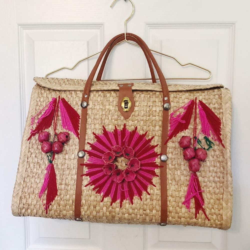 Vintage Big Wicker Basket Embroidered Tote Bag